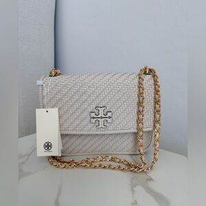 Tory Burch Cream Woven Leather Chain Crossbody Bag